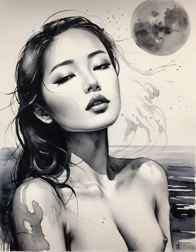 hoshihananomia,moondragon,asian woman,siren,sumi,geisha,asian vision,geisha girl,jianying,oriental girl,xueying,viveros,huynh,zhu,japanese woman,japanese art,huong,han thom,jianfeng,charcoal pencil,Illustration,Paper based,Paper Based 30