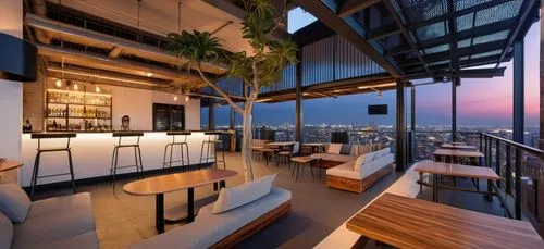 Interior scene, warm light, realistic, clean lines, seamless, cityscape in the background, night sky with clouds,penthouse apartment,sky apartment,roof terrace,loft,roof garden,skyscapers,block balcon