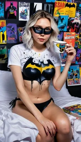 ((Elizabeth Olsen))(((simple real image)))((( west black batman BATMAN t-shirt small Underwear wear)) ((((wearing short bikini))))), , big earphones ((long white hair)) sitting at the bed in a nerdy r