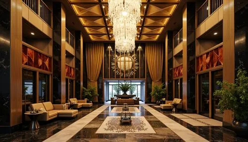 Luxurious Art Deco building, metallic finishes, polished chrome accents, glossy black marble, ornate golden details, rich velvet textiles, intricate geometric patterns, lavish crystal chandeliers, opu