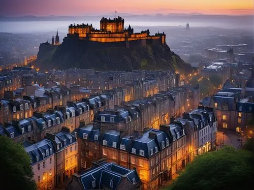 Edinburgh cityscape, architectural landmarks, grand neoclassical buildings, intricate stone carvings, ornate facades, historic Scottish Baronial style, narrow cobblestone streets, charming alleys, Edi