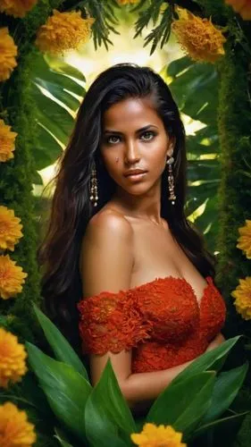 primavera,a beautiful woman in a red outfit surrounded by flowers,amerie,suhana,west indian jasmine,indian jasmine,polynesian girl,background ivy,kelis,kouroussa,cassie,aaliyah,guelaguetza,anjali,hula