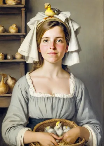 A picturesque portrait of a young blond peasant woman with gray eyes in the style of painting by Diego Velazquez. The woman is wearing a white Dutch headdress. In her hands she holds a basket with sma