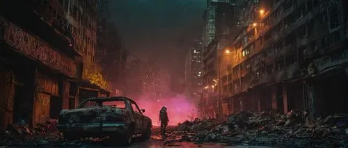 post-apocalyptic landscape,post apocalyptic,destroyed city,apocalyptic,darktown,crewdson,Illustration,Realistic Fantasy,Realistic Fantasy 02