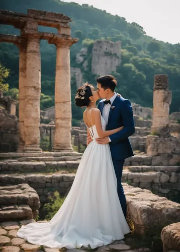 Enthusiastic couple kiss in ancient setting - photo by Gaelle Le Berre Photography,wedding photography,wedding photo,fori imperiali,ancient olympia,wedding photographer,ephesus,lindos,ancient greek te