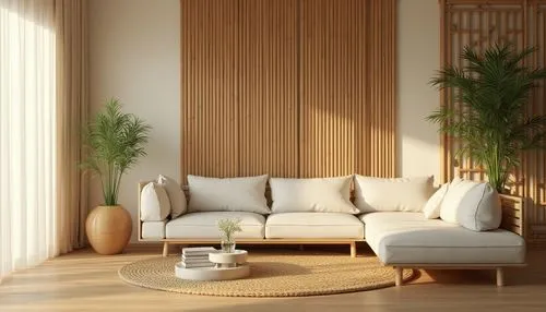 bamboo curtain,modern decor,modern minimalist lounge,contemporary decor,living room,livingroom,modern living room,ikebana,sofa set,deco,patterned wood decoration,bamboo plants,apartment lounge,interior decor,home interior,mahdavi,furnishings,soft furniture,mid century modern,woodfill,Photography,General,Realistic