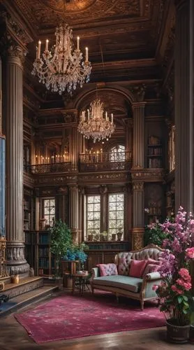 a living room with a lot of furniture and a chandelier,ornate room,ritzau,royal interior,amanresorts,luxury hotel,ballroom,Photography,General,Fantasy