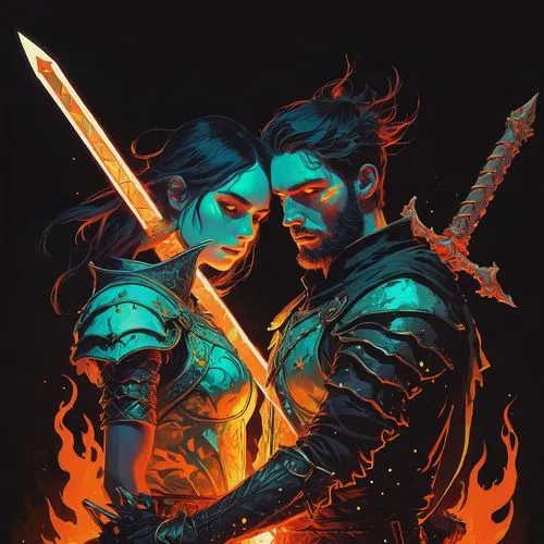 warrior and orc,fantasy portrait,burning torch,witcher,rosa ' amber cover,katana,vidraru,fire background,swords,firethorn,dragon fire,fire and water,cg artwork,dagger,game illustration,dragon slayer,game art,campfire,fantasy art,renegade,Illustration,Paper based,Paper Based 19