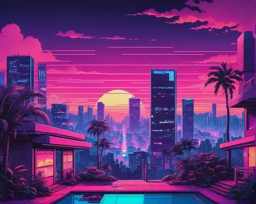 miami,honolulu,aesthetic,purple wallpaper,80's design,cityscape,dusk,cyberpunk,dusk background,colorful city,80s,ultraviolet,wallpaper,retro background,vapor,retro styled,ipê-purple,hd wallpaper,fantasy city,cabana,Conceptual Art,Fantasy,Fantasy 08