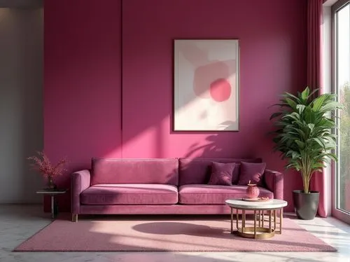 Vibrant magenta, bold accent wall, modern minimalist interior, sleek lines, geometric shapes, abstract art piece, rich velvet sofa, metallic gold legs, marble coffee table, lush greenery, natural ligh