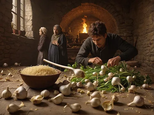 cultivated garlic,candlemaker,dwarf cookin,garlic bulbs,the production of the beer,garlic cloves,a clove of garlic,cloves of garlic,cookery,kings landing,garlic,cooking ingredients,whole grains,grana padano,hatmaking,medieval market,grains,game of thrones,cheesemaking,bouillon,Photography,Documentary Photography,Documentary Photography 10