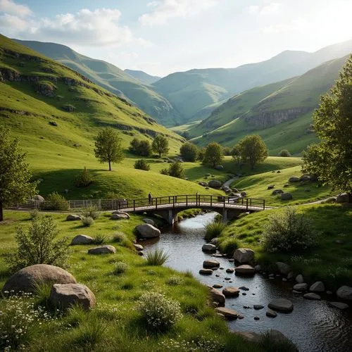 Serene valley landscape, rolling hills, lush green meadows, winding streams, rustic stone bridges, wooden fences, wildflowers, native trees, natural rock formations, earthy tones, organic architecture