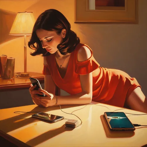 In a world filled with distractions, find solace in charging your phone.,girl at the computer,girl studying,woman holding a smartphone,world digital painting,internet addiction,sci fiction illustratio