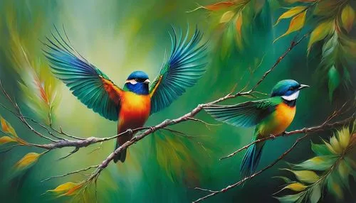 colorful birds,birds on a branch,tropical birds,bird painting,sunbirds,kingfishers,birds on branch,rainbow lorikeets,golden parakeets,parrot couple,passerine parrots,tanagers,fantails,songbirds,parrots,lorikeets,yellow-green parrots,parakeets,bird couple,birds of paradise,Conceptual Art,Daily,Daily 32