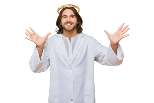 Jesus Christ, handsome, short brown hair, beard, white robe, golden halo, gentle smile, calm eyes, standing, arms open wide, blessing gesture, subtle lighting, soft focus, cinematic composition, warm 