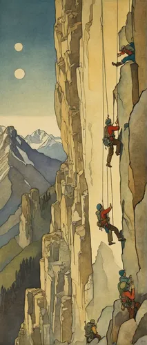 via ferrata,guards of the canyon,alpine climbing,the pied piper of hamelin,alpine crossing,climbing helmets,mountain scene,hanging elves,women climber,khokhloma painting,forest workers,travel poster,men climber,meteora,hunting scene,edward lear,gobelin,pilgrims,ski mountaineering,the spirit of the mountains,Illustration,Retro,Retro 17