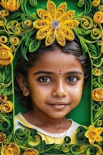 A bright green and yellow wall provides a colorful background for this portrait of a child at a Kolkata railway station in India .,children's background,onam,kerala,pongal,girl in flowers,flower backg