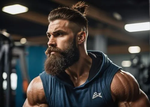 Bearded man, muscular physique, intense facial expression, strong jawline, messy brown beard, mustache, spiky hair, tattoos on arms, sleeveless hoodie, sweatpants, weightlifting belt, heavy weights, g