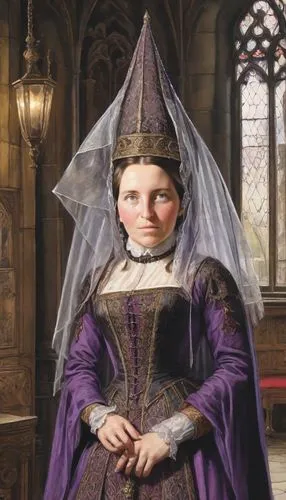 (((A tall and narrow Gothic cone "Wimple Hennin Purple & Black" with decoration on the woman's head: 1,5 +++, the forehead and temples are wrapped in dark cloth: 1,4+++, on the Gothic cone "Wimple Hen