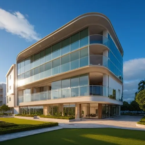 edificio frente al mar  con  un a plaza en la parte de enfrente y a lado derecho tiene un  parque de arboles,this is a modern building with glass panels and windows,phototherapeutics,office building,m