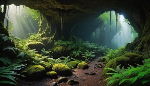 lava tube,lava cave,rain forest,rainforest,mushroom landscape,aaa,alien world,karst landscape,elven forest,cave,green forest,valdivian temperate rain forest,fallen giants valley,patrol,united states national park,fantasy landscape,fairy forest,cave tour,sea cave,natural environment,Conceptual Art,Oil color,Oil Color 06