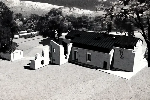 model house,spanish missions in california,escher village,scale model,bogart village,model years 1958 to 1967,black church,st catherine's monastery,town buildings,white buildings,the black church,fort