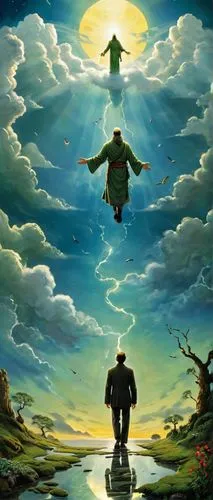 surrealism,ascension,fantasy picture,world digital painting,flying seeds,surrealistic,sci fiction illustration,background image,afterlife,qi gong,parallel worlds,flying carpet,the mystical path,nature and man,flying seed,game illustration,fairies aloft,fantasy art,pilgrimage,el salvador dali,Art,Artistic Painting,Artistic Painting 33