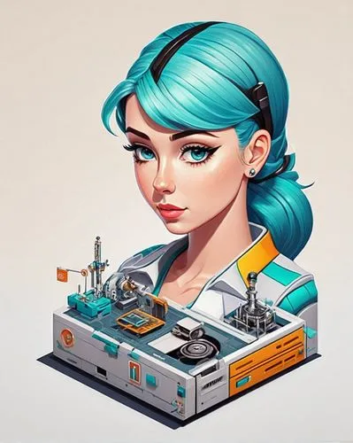 Katie Mitchell from The Michell's vs Machines,,retro turntable,transistor,sewing machine,vector girl,vector illustration,retro girl,game illustration,table saw,camera illustration,telephone operator,v