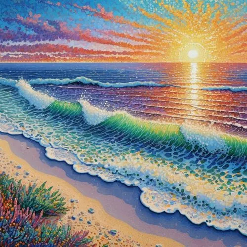 sun and sea,beach landscape,sunrise beach,sun,sea landscape,seascape,sunset beach,rainbow waves,coastal landscape,el mar,coast sunset,sea,oil painting on canvas,sun burst,ocean,landscape with sea,bright sun,ocean background,beach scenery,art painting,Conceptual Art,Daily,Daily 31