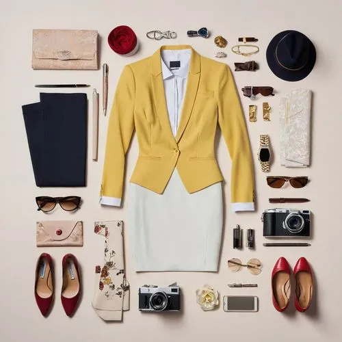 white-collar worker,woman in menswear,summer flat lay,menswear for women,flatlay,blazer,flight attendant,white coat,color combinations,wedding suit,stewardess,businesswoman,business woman,flat lay,suit of spades,business girl,women fashion,dressing up,dressmaker,yellow purse,Unique,Design,Knolling