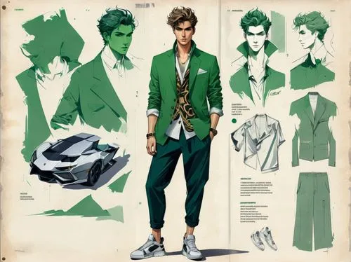 costume design,green jacket,riddler,men clothes,men's suit,menswear,fashion illustration,boys fashion,man's fashion,fashion design,men's wear,green goblin,trend color,suit of spades,green skin,male character,pine green,illustrations,stylistically,fir green,Unique,Design,Character Design