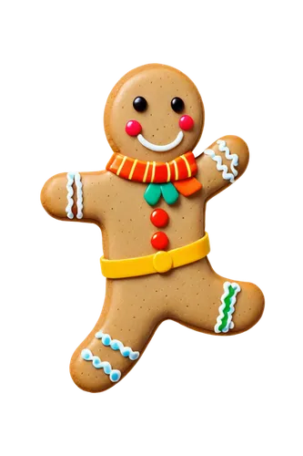 Transparent gingerbread man, running, joyful facial expression, bright orange icing hair, white frosting buttons, colorful candy eyes, sweet smiling mouth, festive holly-patterned scarf, shiny golden 