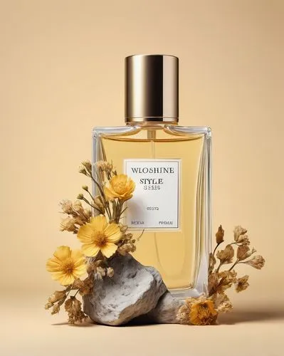 perfume, yellow flower, simple background ,
A solid light-colored background with a irregularly shaped rock,adorned with dried flowers on the side. ,,scent of jasmine,tanacetum balsamita,fragrance,nat