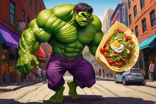 Incredible Hulk, giant burrito, muscular green skin, ripped purple pants, massive chest, bulging biceps, enormous hands holding gigantic tortilla wrap, overflowing with seasoned beef, lettuce, tomatoe