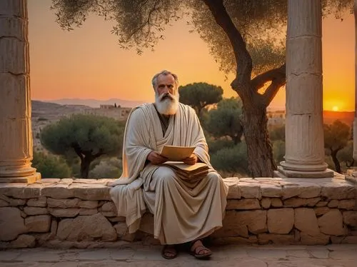 Eurasian Greek philosopher, aged 40-50, white beard, worn-out toga, holding a scroll, sitting on a stone bench, surrounded by ancient Greek columns, olive trees, sunset in the background, warm orange 