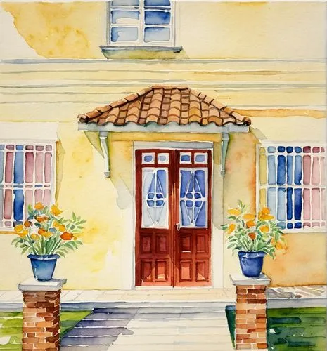 watercolor,a painting of a house and its doors, with some flowers outside,watercolor painting,watercolor tea shop,watercolor,watercolor background,house painting,watercolor cafe,watercolor sketch,wate