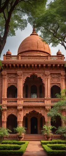 W.I.C (Women's Indian Chamber) building, intricate stone carvings, grand entrance, ornate columns, majestic dome, symmetrical facade, red sandstone walls, lush greenery surroundings, vibrant flower be