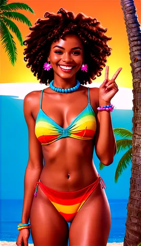 Caribbean woman, afro hairstyle, colorful beads necklace, tropical flower in hair, bright smile, bronze skin, island vibes, palm tree background, exotic getaway, 3/4 composition, warm lighting, vibran