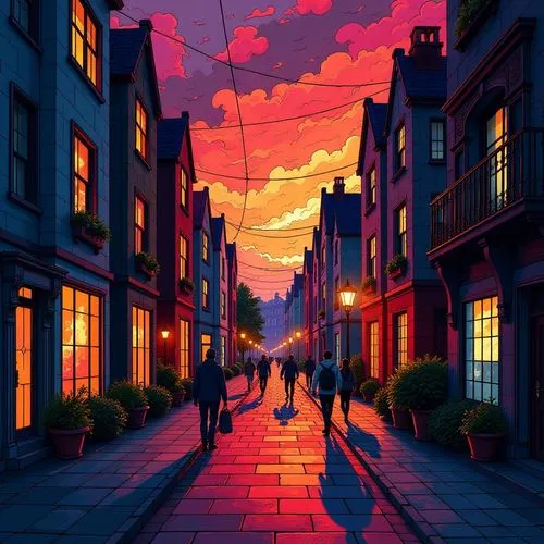 cloudstreet,sidestreet,evening atmosphere,houses silhouette,world digital painting,alley