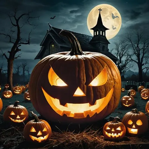 A floating jack-o-lantern above a graveyard with a horrifying face carved into it.,a pumpkin in a field at night with a house,halloween wallpaper,halloween background,jack o'lantern,jack o' lantern,ca