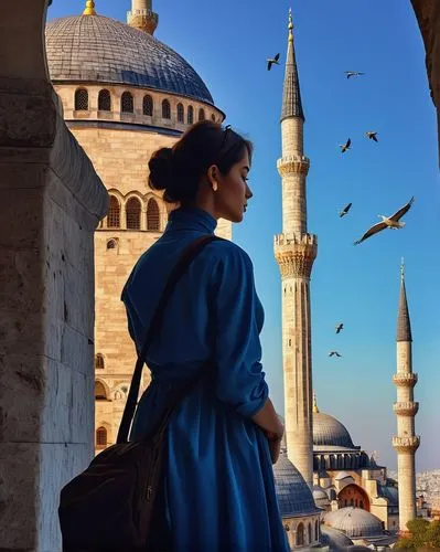 Istanbul architecture, ancient Byzantine style, ornate mosque minarets, intricate stone carvings, grand domes, vibrant blue tiles, intricate Arabic calligraphy, majestic columns, arches, marble floors