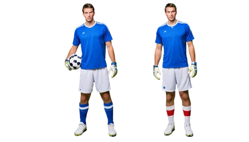 Goalkeeper, football player, athletic male, 20-30yo, muscular arms, strong legs, determined facial expression, sweaty forehead, messy short hair, white jersey, blue shorts, soccer ball at feet, standi