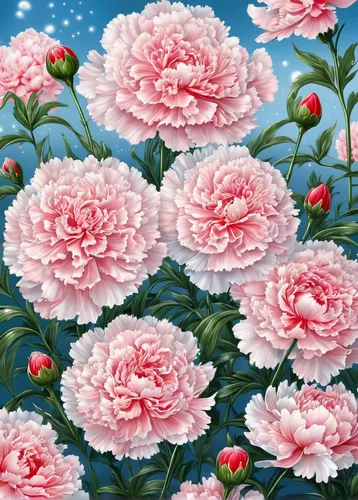 Imagine a serene garden with Japanese carnation cherries blossoming in the moonlight.,flower painting,peonies,floral background,pink roses,pink carnations,camellias,pink carnation,peony pink,pink flor