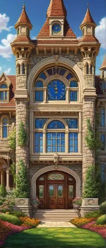 fairy tale castle,sylvania,maplestory,fairytale castle,palladianism,country estate,ffx,symphonia,castlelike,miramare,maplecroft,wappocomo,wild west hotel,briarcliff,grand hotel,ghibli,dandelion hall,dragon palace hotel,magic castle,victorian house,Illustration,American Style,American Style 07