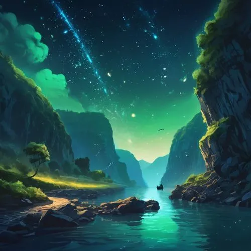 starclan,fantasy landscape,emerald sea,cartoon video game background,green aurora,fantasy picture,Conceptual Art,Fantasy,Fantasy 02