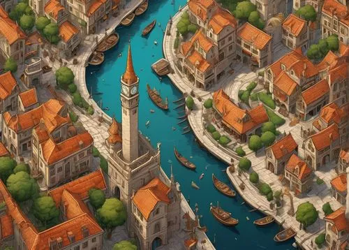 city moat,medieval town,skyscraper town,venezia,delft,escher village,venetian,regensburg,ancient city,old city,hanseatic city,bird's-eye view,constantinople,old port,muenster,dubrovnik city,harbor,aerial landscape,bird's eye view,speicherstadt,Illustration,Vector,Vector 02