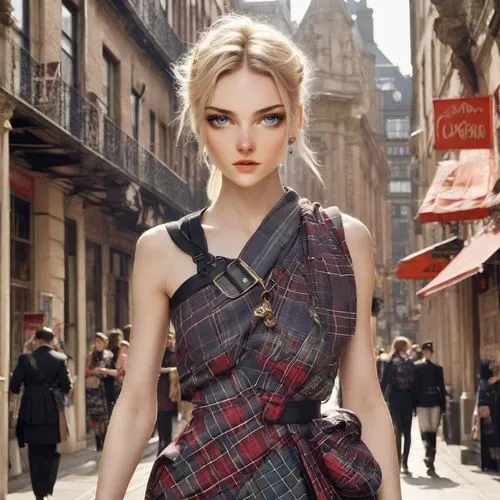 a woman wearing plaid dress walking down the street,shopgirl,fashion street,gundlach,fashion doll,demarchelier,burberry