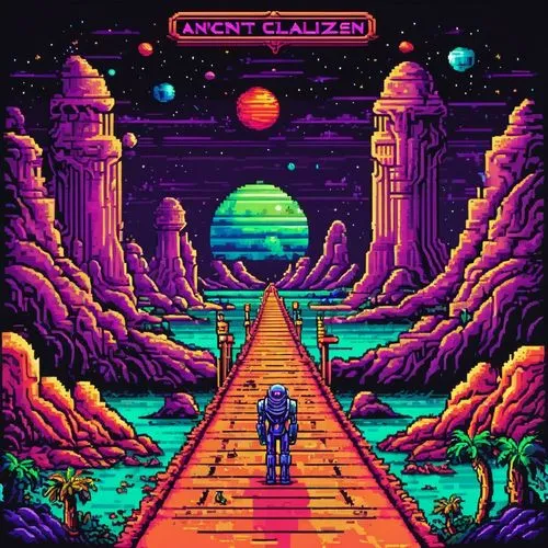 pixel art,contra,space voyage,80's design,space invaders,moon walk,space port,alien planet,ascent,xanadu,futuristic landscape,spaceway,computer games,spaceship space,game art,futuregen,spaceland,moonwalked,gas planet,alien world