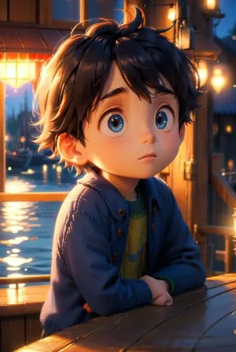 a fishermen boy,a  with large blue eyes standing at a wooden table,hiccup,cute cartoon character,adrien,hiro,tadashi,joaquin,Anime,Anime,Cartoon