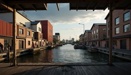 Industrial waterfront, rustic wooden docks, weathered steel beams, corrugated metal roofs, distressed brick facades, nautical rope details, marine-inspired color scheme, deep blues, rusty reds, faded 